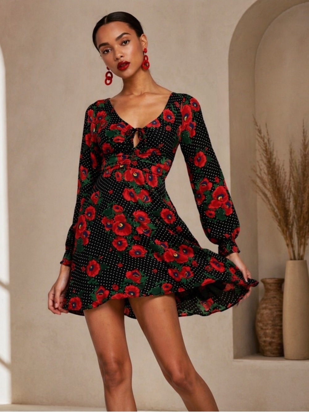 Free People Floral Mini Dress Long Sleeve Retro Boho Size 0
